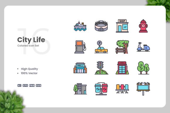 City Life Color Icons for Modern Design